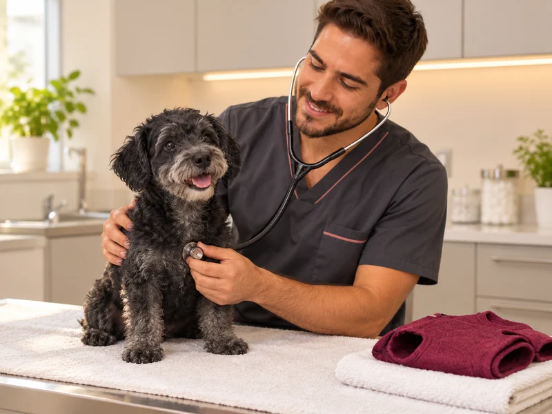 Ilustração gerada por IA de avaliação pré-operatória de um cão, com roupa de recuperação dobrada ao lado