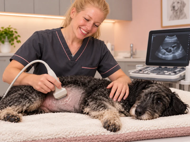Ilustração gerada por IA de veterinária com referência na profissional loira da equipe durante exame de ultrassom em um cão