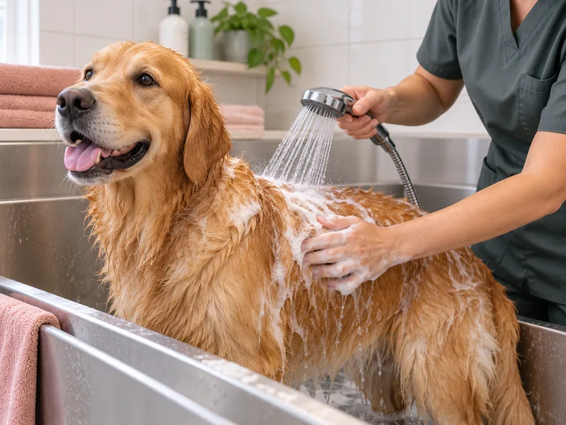 Ilustração criada com IA de um cão recebendo banho cuidadoso em banheira pet