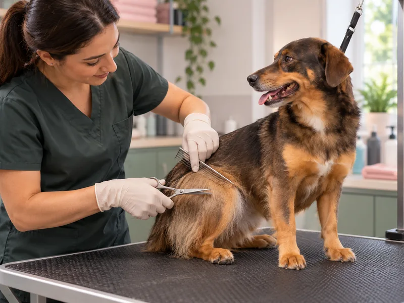 Ilustração criada com IA de profissional fazendo tosa cuidadosa em um cão tranquilo