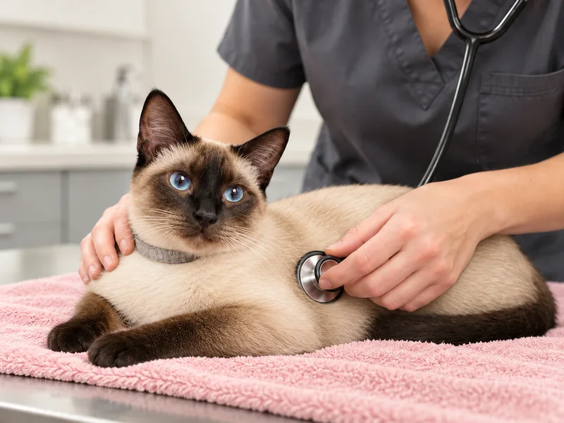 Ilustração gerada por IA de gato siamês recebendo auscultação delicada em ambiente veterinário claro