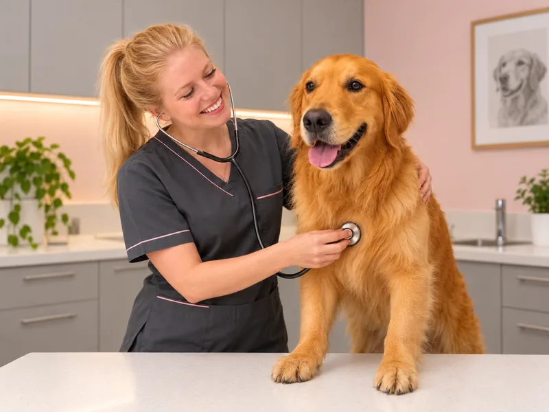 Ilustração gerada por IA com referência na integrante loira da equipe Vetier, examinando um golden retriever