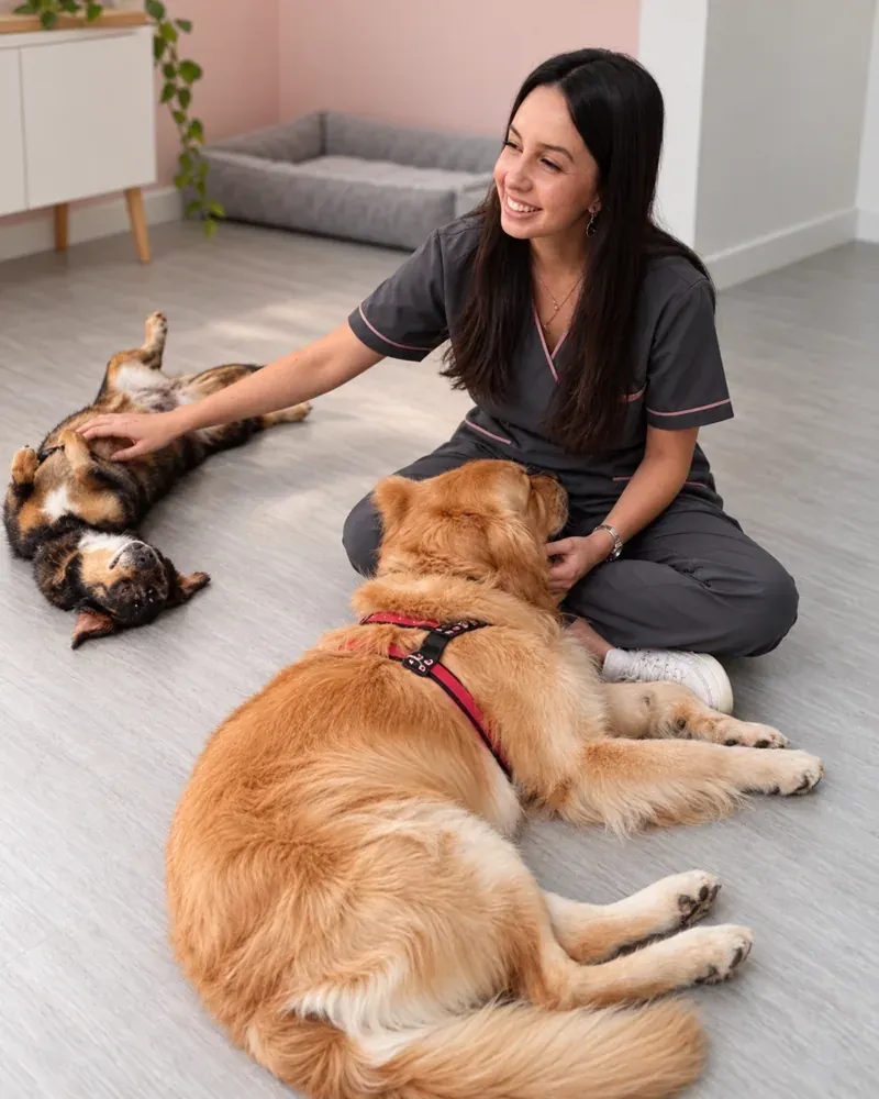 Profissional da Vetier brincando com cães (imagem adaptada com IA)