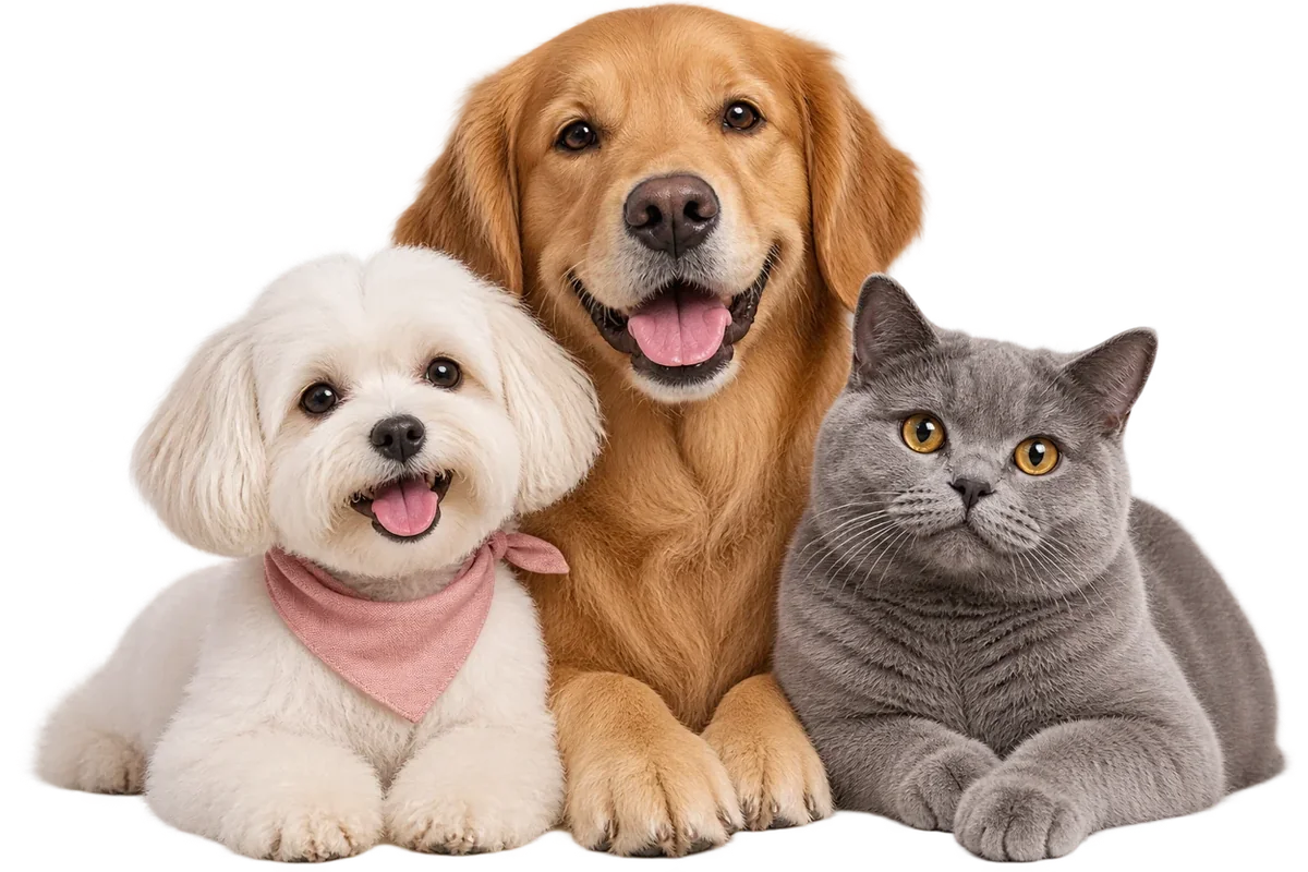 Dois cães e um gato, juntos para receber carinho e cuidado